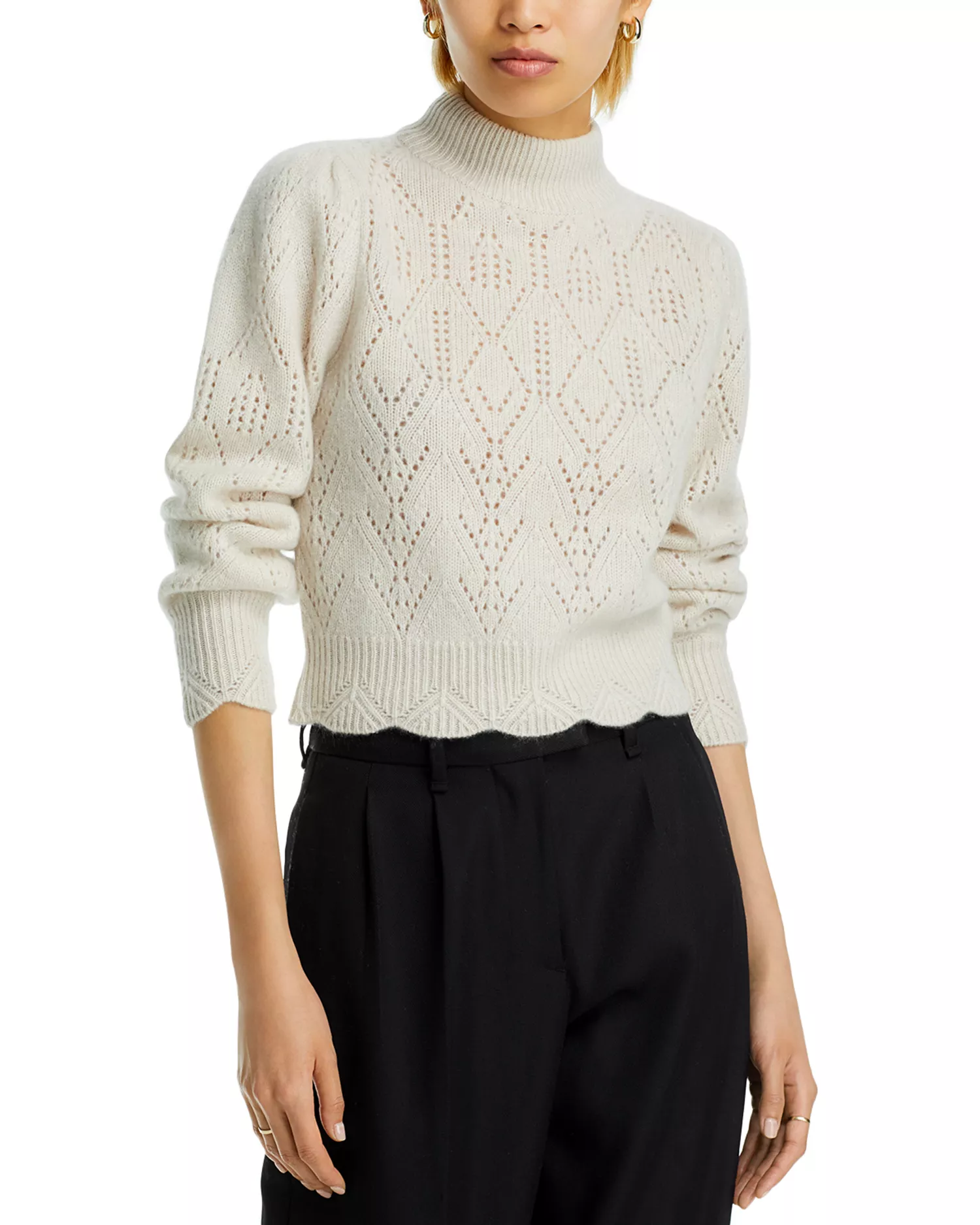 Aqua 100% Cashmere Pointelle Mock Neck Sweater - Exclusive