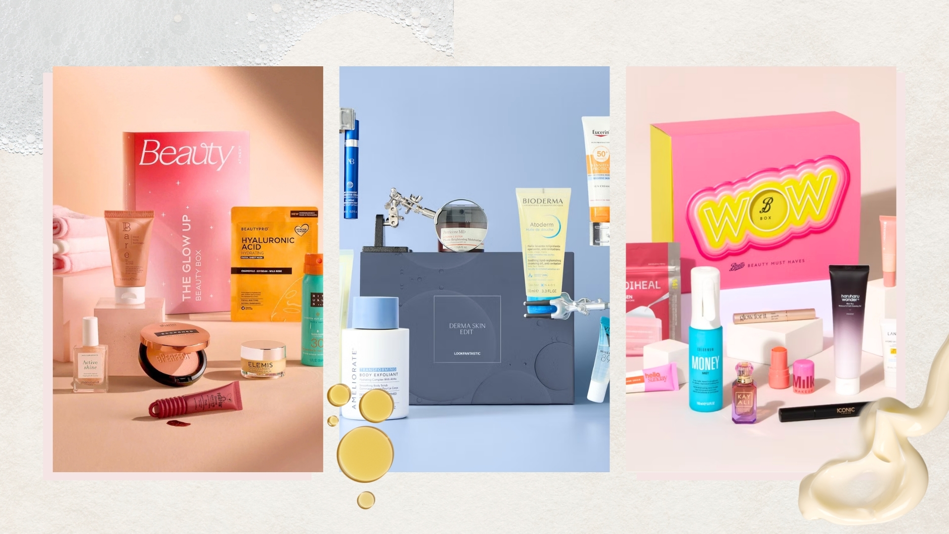 Trio of images of beauty boxes (L-R) from Next, Lookfantastic and Boots, on a beige background with cream, oil and foam swatches 