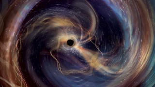 An illustration of GW250114, a powerful collision between two black holes observed in gravitational waves by LIGO, as seen from one of the black holes involved