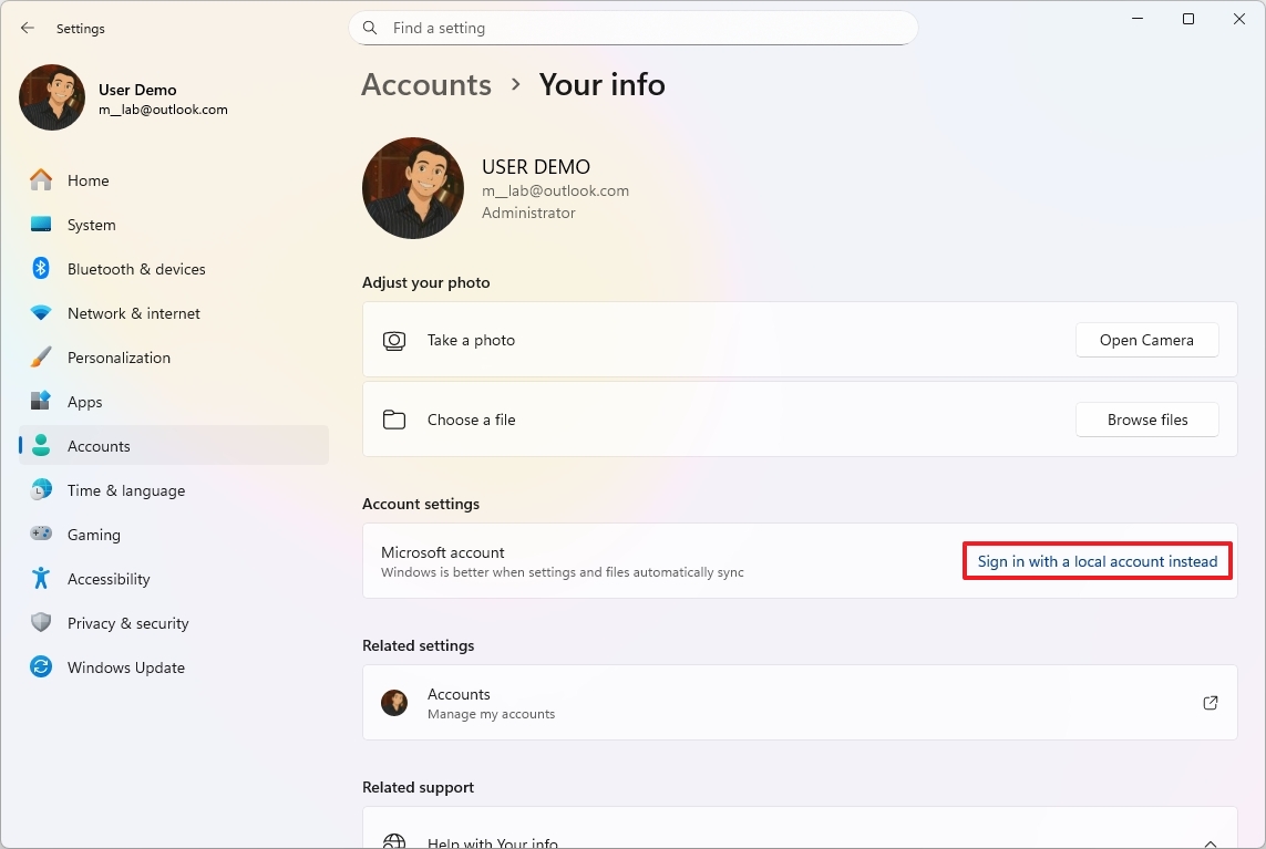 Sign in a local account instead