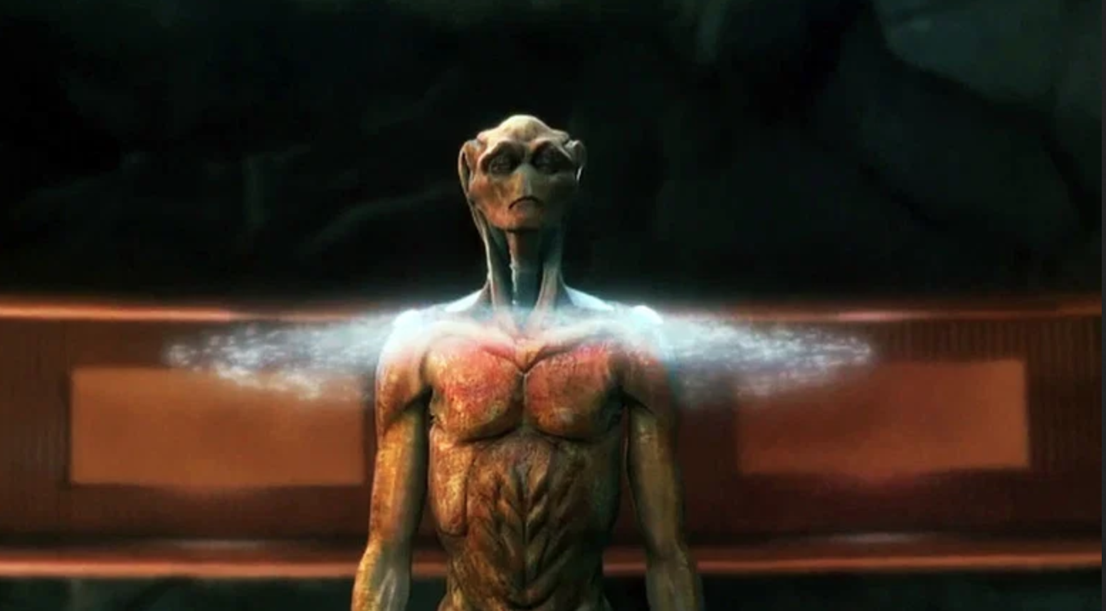 Um alienígena parecido com uma cobra em uma nuvem prateada
