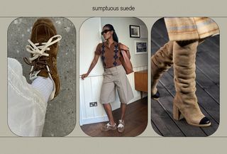 A collage of runway and influencer images featuring suede shoes.