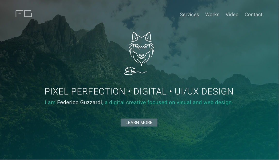 Screenshot of website featuring mountain background and stylised wolf icon