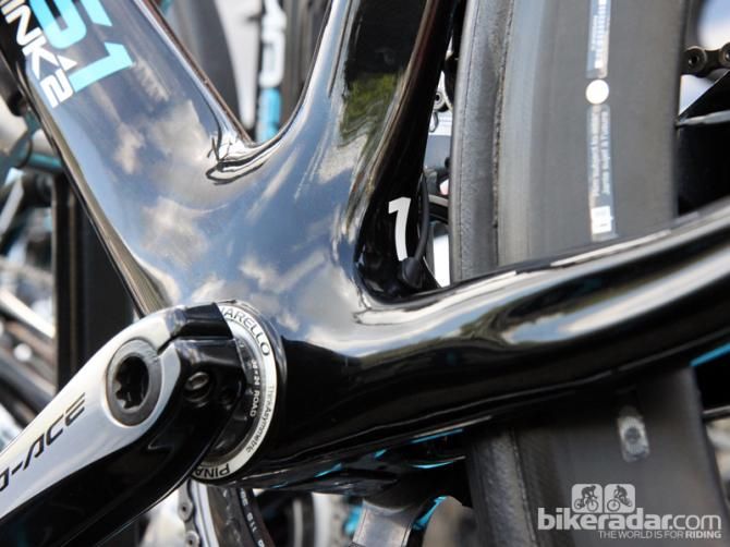 White numbers on the back of the seat tube help team mechanics quickly identify bikes when they're on top of the cars