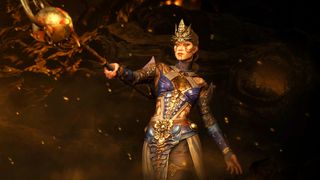 Diablo 4 Sorcerer wearing gold and blue shop armor with a raised staff