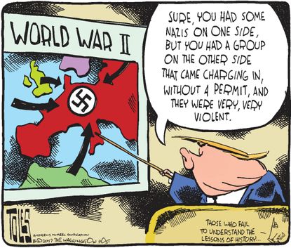 Political cartoon U.S. Trump WWII Nazi many sides Charlottesville