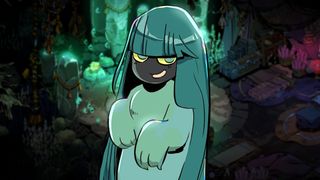 Hades 2 character Dora, a feminine appearing shade with a grey face and long teal hair, smirking