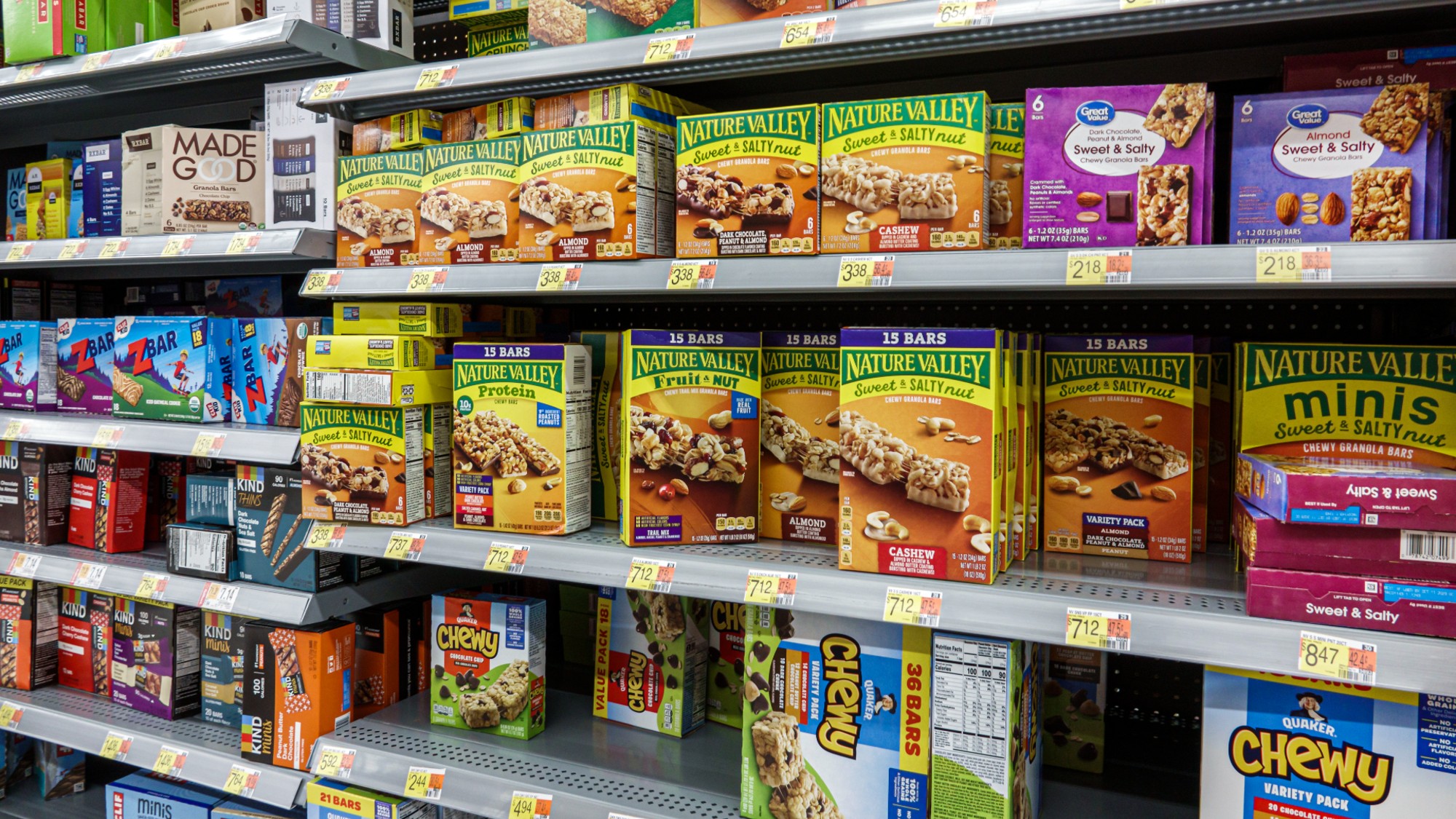 A row of protein and granola bars at a Walmart in Miami. 