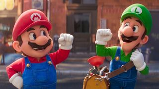 (L, R) Mario and Luigi in The Super Mario Bros Movie, about to bump fists