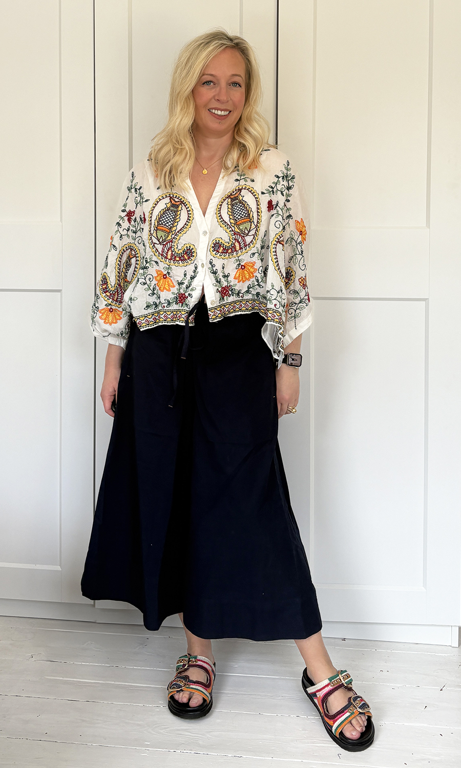 Antonia kraskowski wearing navy culottes from White Stuff