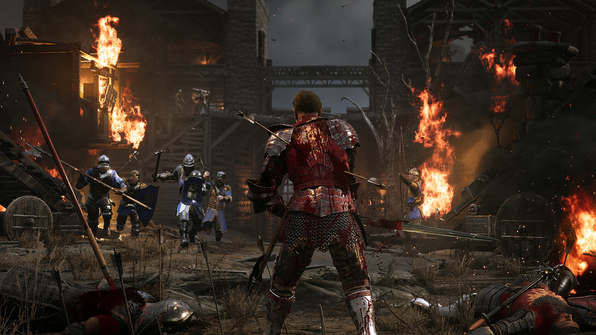A soldier getting ready to fight approaching enemies with fire in front of him during one of the best Steam Spring Sale games, Chivalry 2.