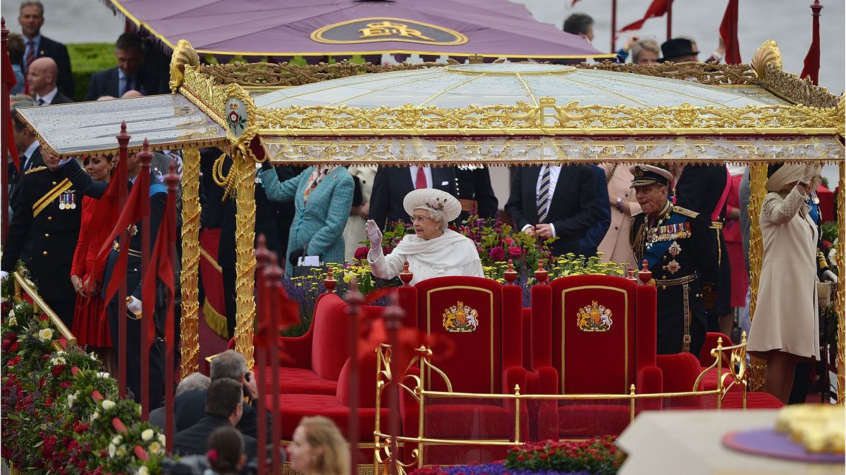 The Queen and Prince Philip travel on the Spirit of Chartwell along the Thames during her Diamond Jubilee