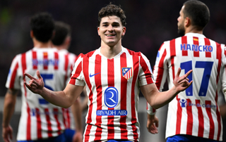 Julian Alvarez of Atletico de Madrid celebrates scoring his team's third goal during the UEFA Champions League 2025/26 Round of 16 First Leg match between Atletico de Madrid and Tottenham Hotspur FC at Estadio Civitas Metropolitano on March 10, 2026 in Madrid, Spain. 