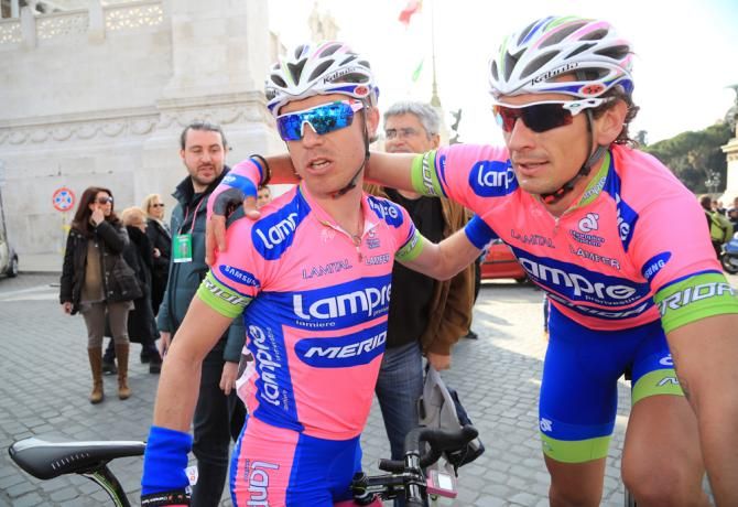 Cunego and Pozzato at the finish of Roma Maxima