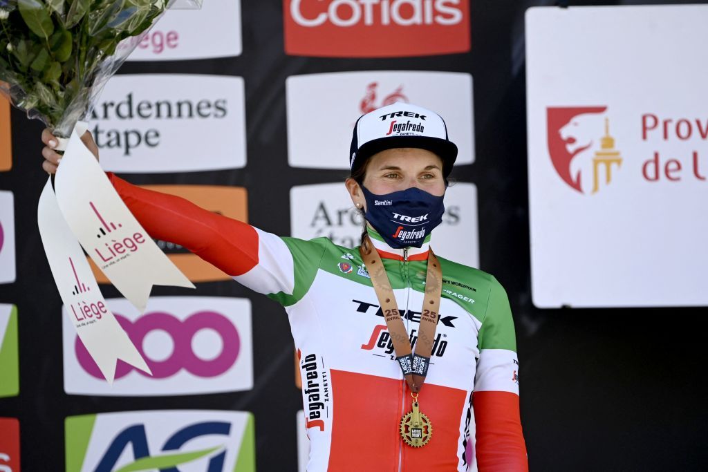 Elisa Longo Borghini (Trek-Segafredo) on the podium in Liege-Bastogne-Liege Femmes 2021