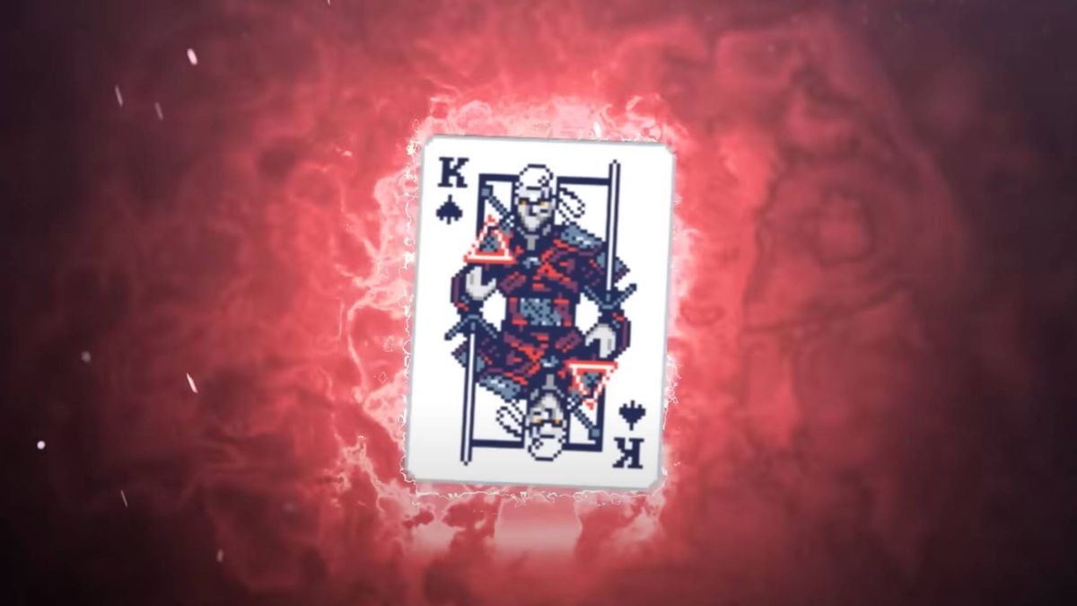 A screenshot from the Balatro: Friends of Jimbo reveal trailer, showing a card with The Witcher&#039;s Geralt on the front.