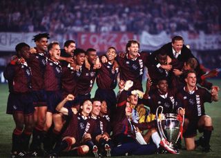 Ajax players celebrate their Champions League final win over AC Milan in May 1995.