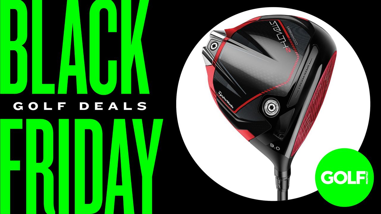 A TaylorMade Stealth 2 Driver in a circle surrounded by Black Friday Golf Deals