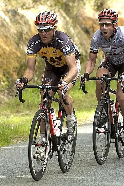 Fly V Australia teammates Bernard Sulzberger and Ben Day ride the long drag out of Lilydale.