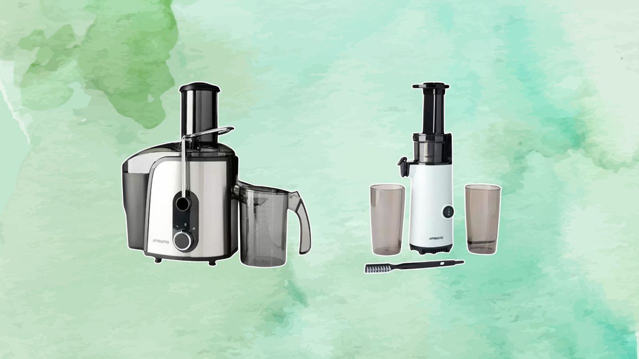 Aldi&#039;s Ambiano Cold Press Juicer and Juice Extractor on a minty green marble background