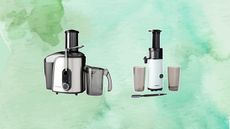 Aldi's Ambiano Cold Press Juicer and Juice Extractor on a minty green marble background