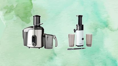 Aldi's Ambiano Cold Press Juicer and Juice Extractor on a minty green marble background