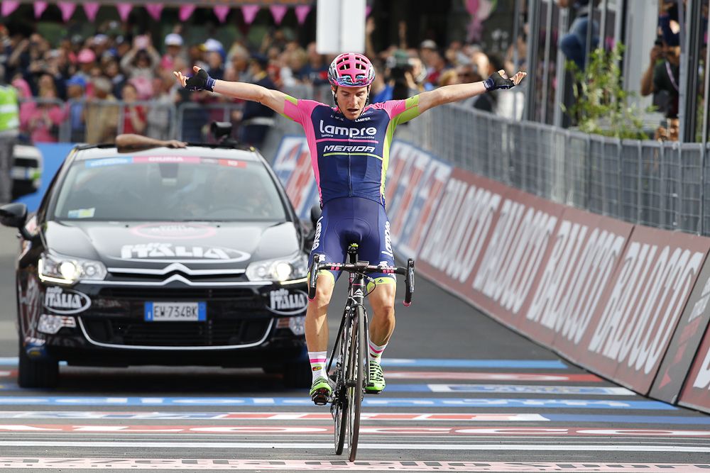 Jan Polanc of Slovenia (Lampre-Merida) celebrates as he crosses the finish line to win the 5th stage of the Giro d'Italia.
