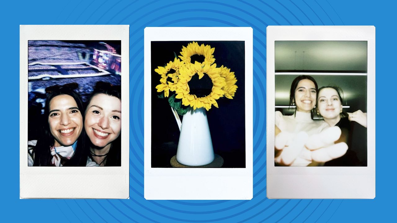 Three Instax Mini film prints side by side on a blue background