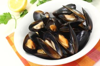 A bowl of cooked mussels.