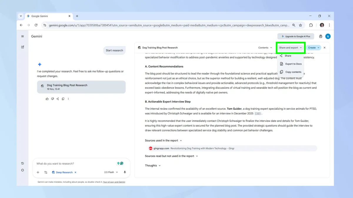 Share and export Gemini research