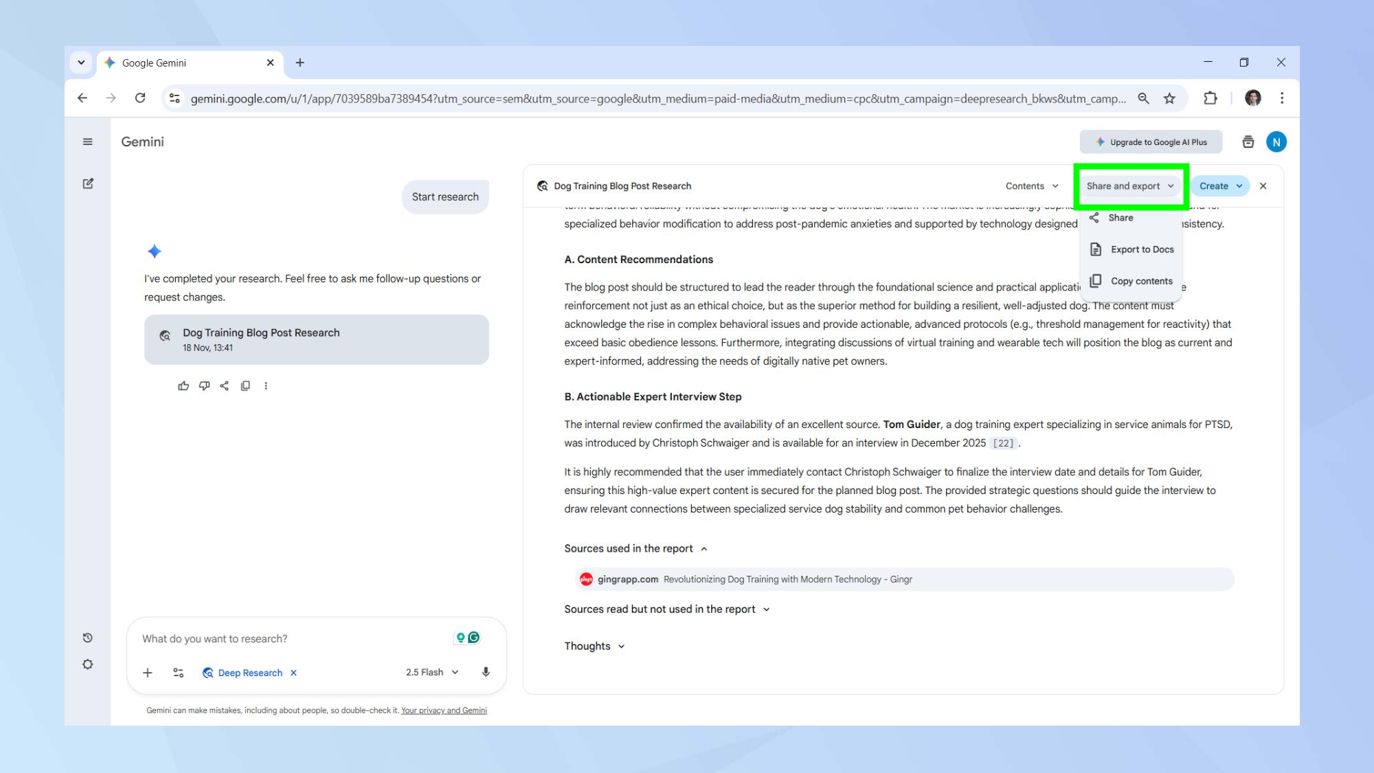 Share and export Gemini research