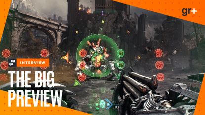 A barrage of enemy bullets flies towards the Doom Slayer in Doom: The Dark Ages, mostly consisting of red orbs except for one column of green which indicates it can be parried with the shield saw - with a frame for the GamesRadar+ Big Preview