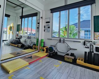 Home gym with gym equipment, flooring and mirror wall - Hadi Zainal