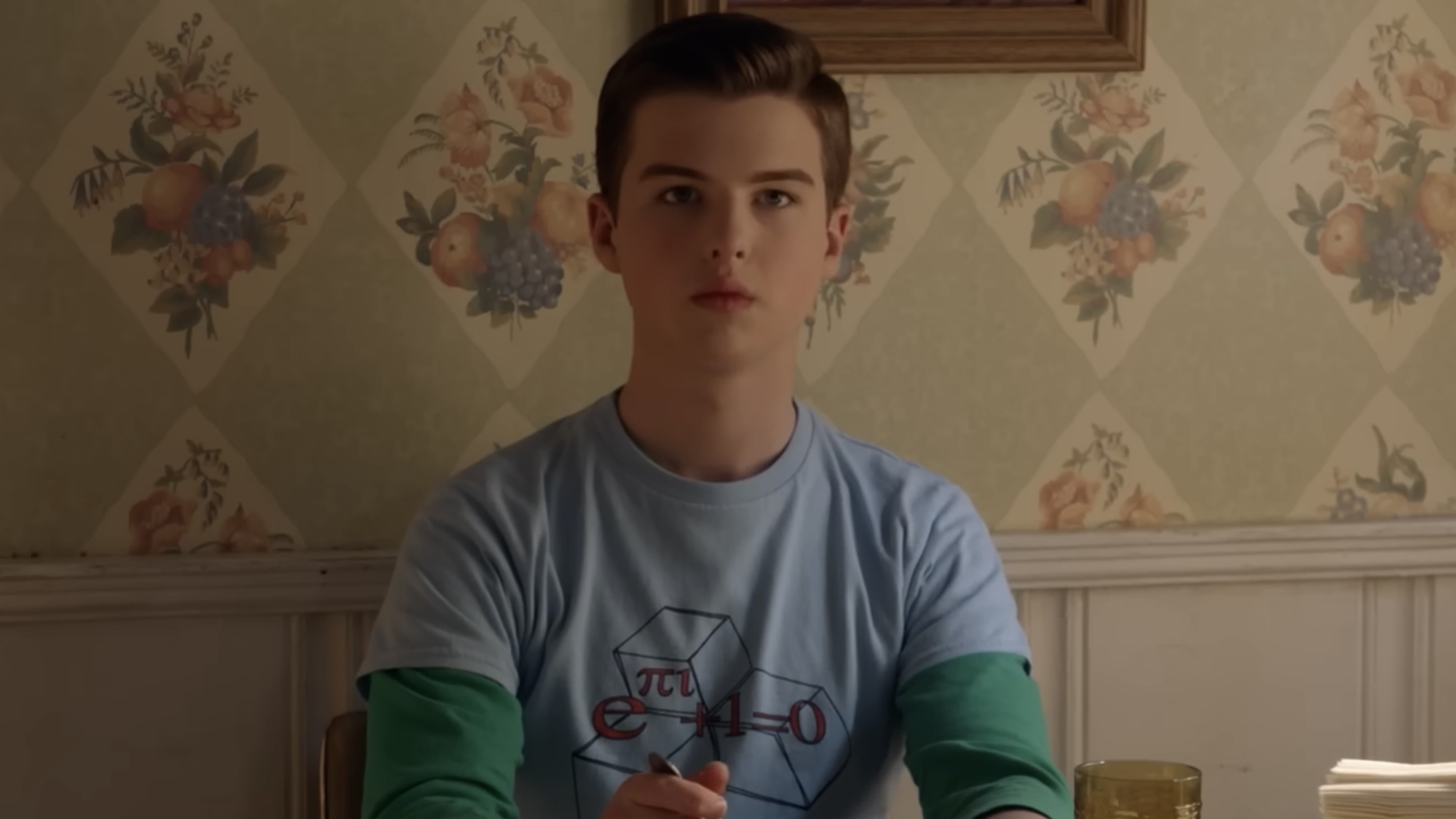 Sheldon Cooper (Iain Armitage) has a sentimental conversation with his father during breakfast on Young Sheldon.