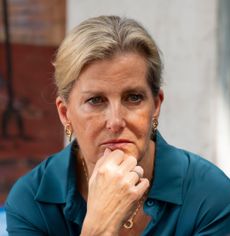 Duchess sophie wearing a teal dress putting her hand on her chin and making a concerned look