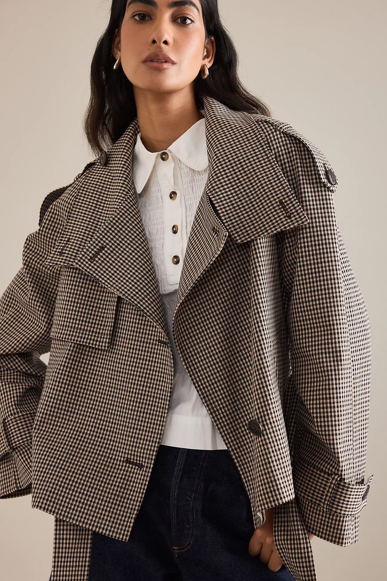 By Anthropologie Check Cropped Trench Coat