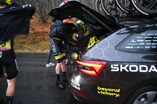 LA LOGE DES GARDES FRANCE MARCH 12 Matteo Jorgenson of The United States and Team Visma Lease A Bike Yellow Leader Jersey during the 83rd Paris Nice 2025 Stage 4 a 1634km stage from Vichy to La Loge des Gardes 1078m Race neutralised due to the adverse weather conditions UCIWT on March 12 2025 in La Loge des Gardes France Photo by Dario BelingheriGetty Images