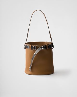 Prada Buckle Leather Bucket Bag With Studded Belt