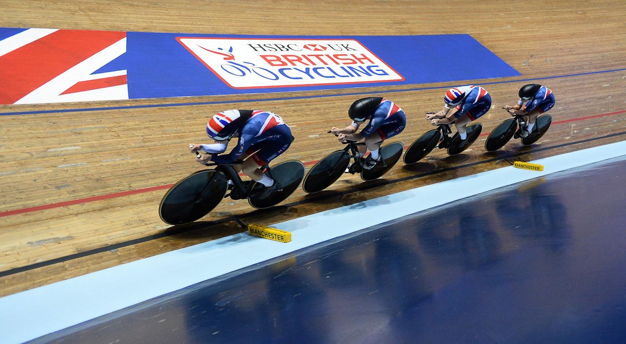 Emily Nelson, Elinor Barker, Neah Evans and Katie Archibald of Great Britain compete in the Women's Team Pursuit