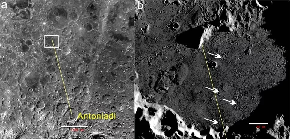 Secondary craters within Von Kármán Crater, the Chang'e 4 landing region. (a) The great elliptic circle that linked the center of the Antoniadi Crater to the selected Chang'e 4 landing site. The base image is from the global mosaic obtained by China's Chang'e-2 mission. (b) Secondary craters within the Chang'e 4 landing region that are delivered by the Antoniadi Crater. White arrows mark the secondaries, and the yellow line is the possible trajectory of ejecta launched by the Antoniadi-forming impact. The location of this area is denoted as the white box in (a). The base image is from Japan's Kaguya lunar orbiter.