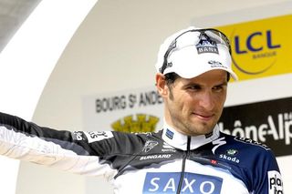 Juan Jose Haedo (Saxo Bank) on the podium after his stage win in the Dauphine.