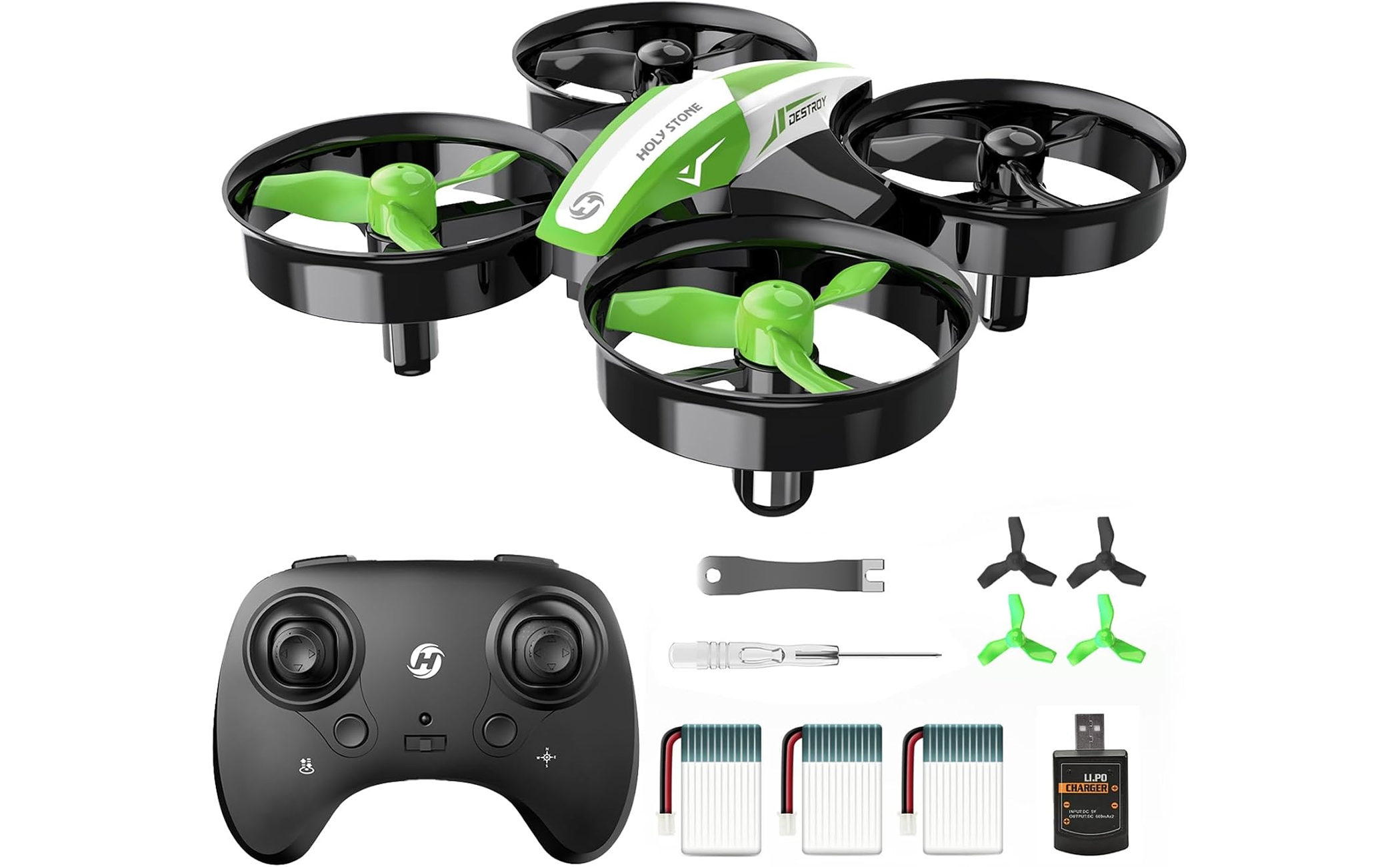 A Holy Stone HS210 drone with batteries, remote and more.