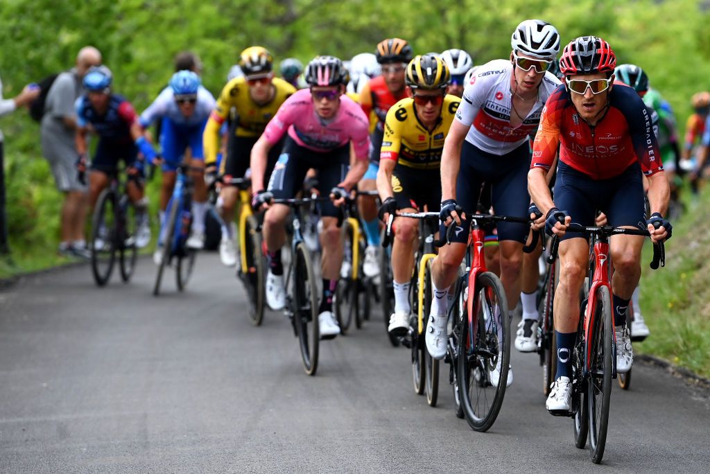 FOSSOMBRONE ITALY MAY 13 LR Thymen Arensman of The Netherlands White Best Young Rider Jersey and Geraint Thomas of The United Kingdom and Team INEOS Grenadiers compete during the 106th Giro dItalia 2023 Stage 8 a 207km stage from Terni to Fossombrone UCIWT on May 13 2023 in Fossombrone Italy Photo by Tim de WaeleGetty Images