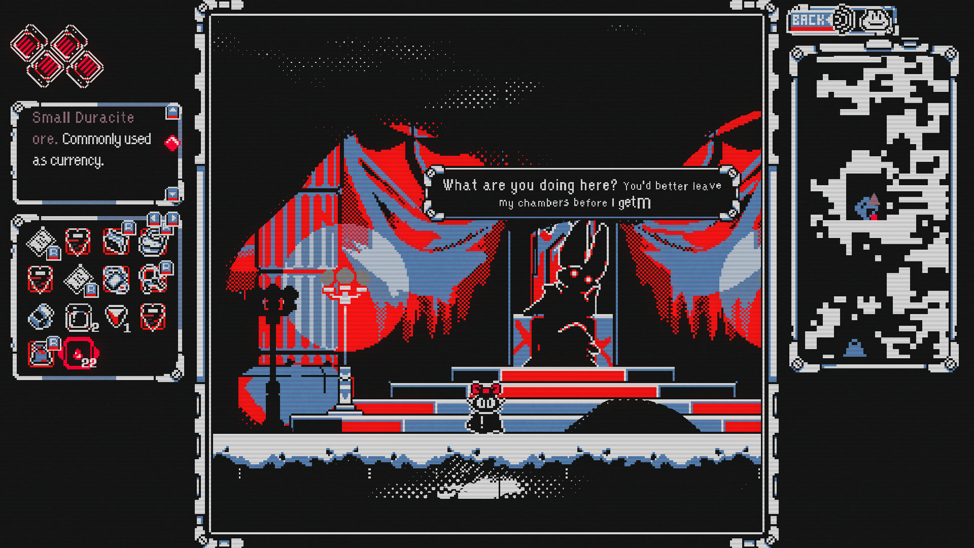 Everdeep Aurora screenshot showing the little black cat protagonist Shell talking to a bat-like figure sitting on the throne in a chamber