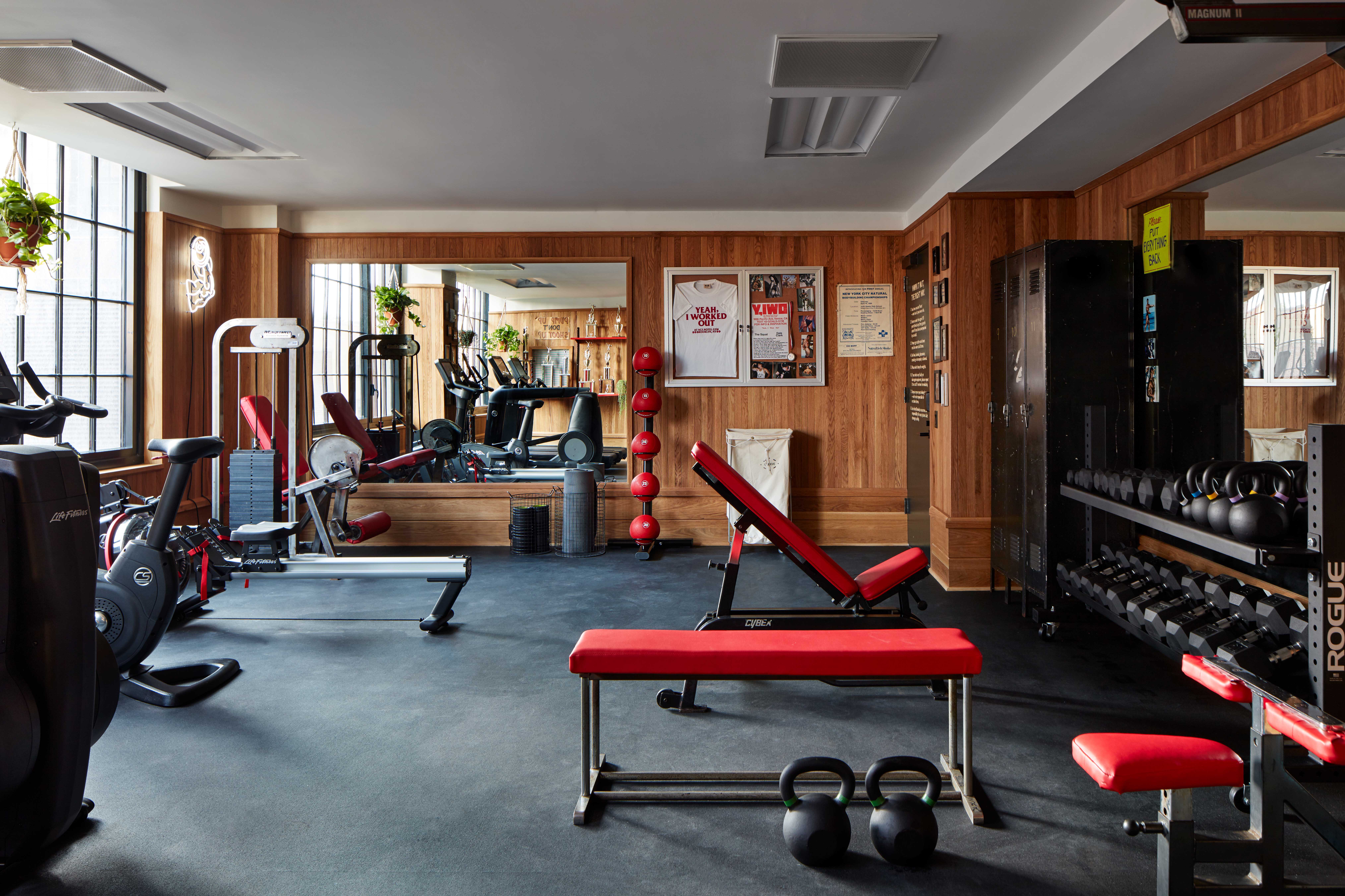 Brutalist-style hotel interior with mid-century furniture