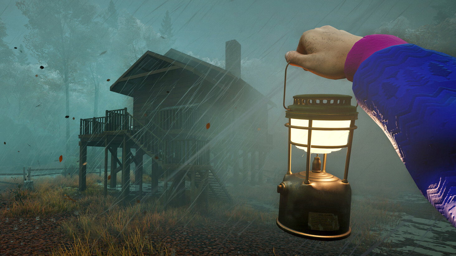 Someone holding a lantern near a cabin in the rain