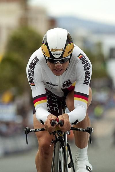 Bert Grabsch from Germany hits the line to finish the time trial in eleventh place.