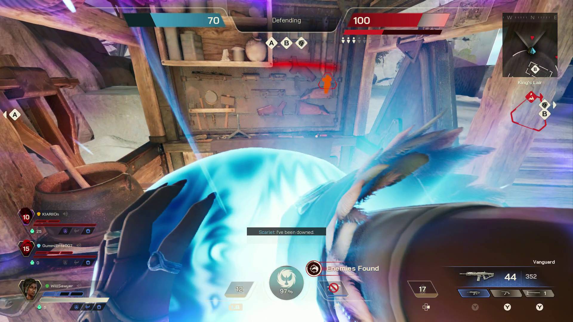 Highguard dragging ally's soul orb behind a shop for cover while reviving