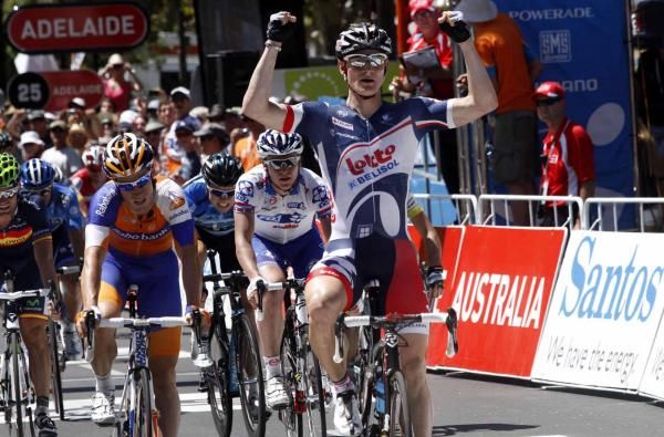 Andre Greipel (Lotto-Belisol) crosses the line in front.