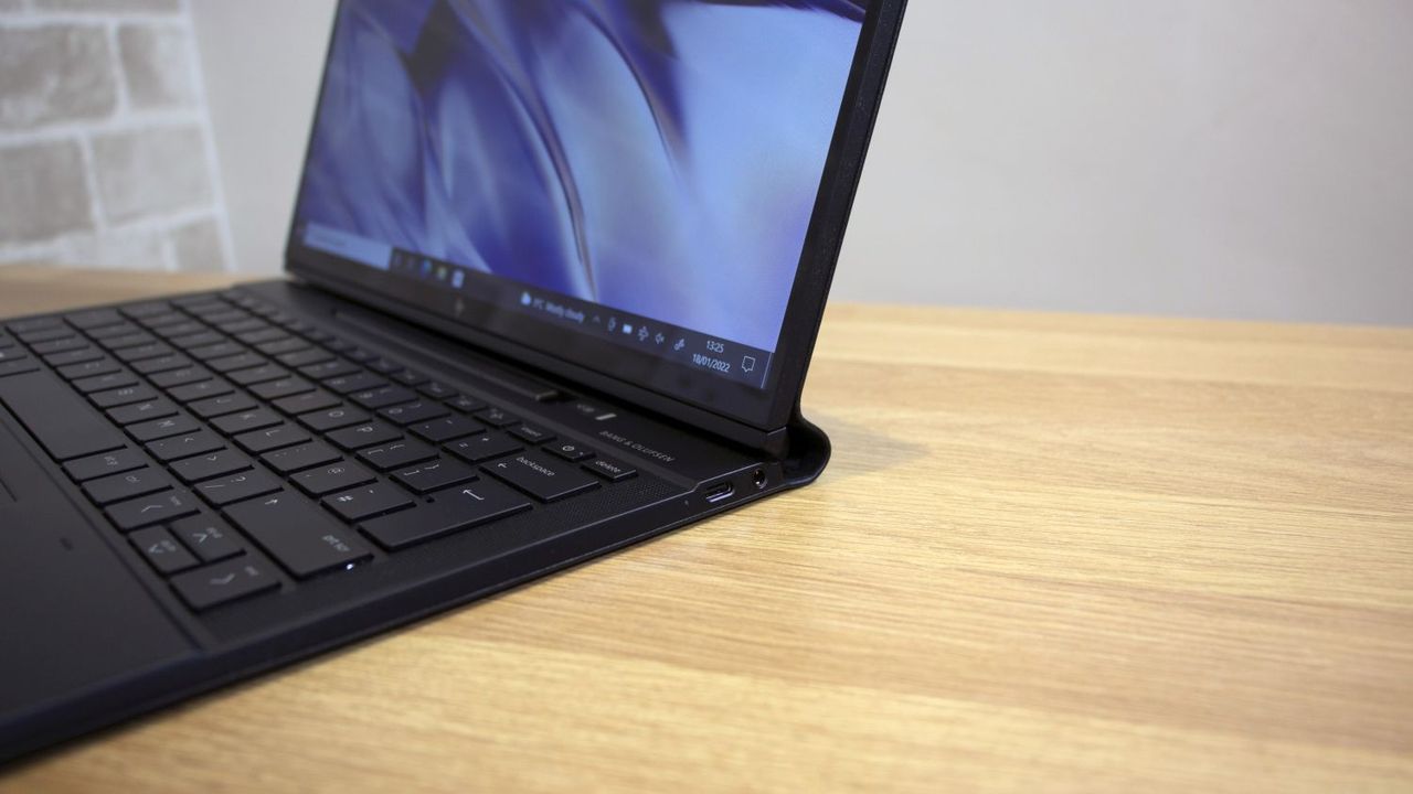 A closeup of the HP Elite Folio's ports